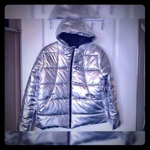 Metallic Silver Puffer Coat, Brand New